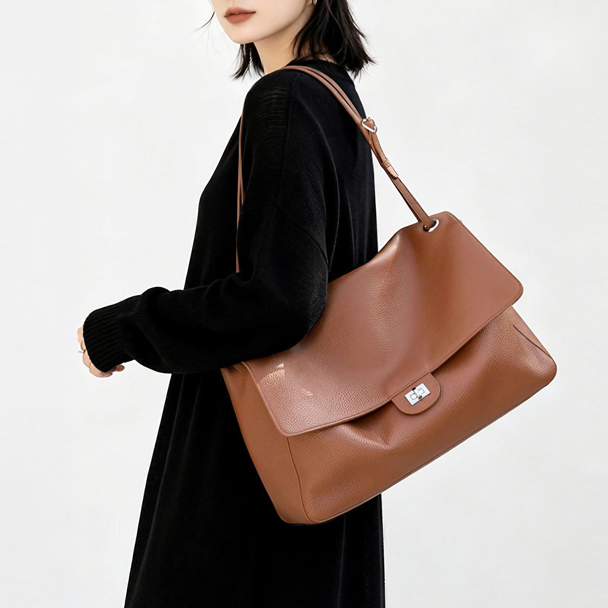 Besace en cuir véritable à rabat grande capacité