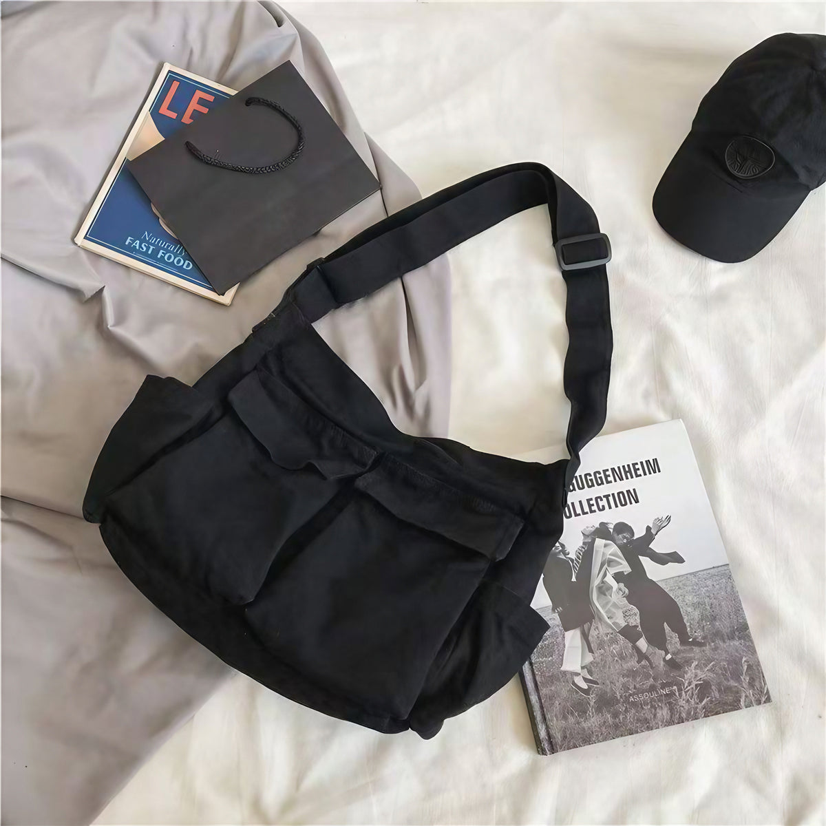 Sac besace toile multipoches